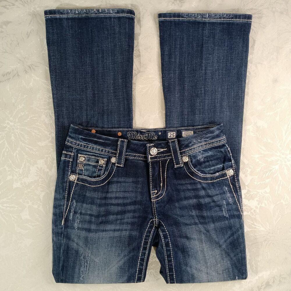 Miss Me Jeans Womens 25 Dark Blue Signature Bootcut Embellished Stretchy Y2K